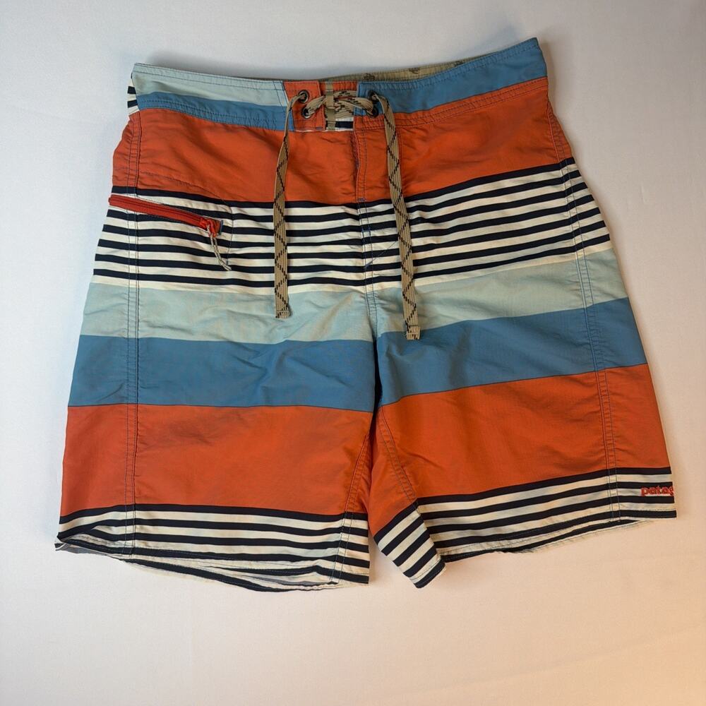 Patagonia Wavefarer Swim Shorts Mens Size 29 Orange Striped Drawstrings Beach